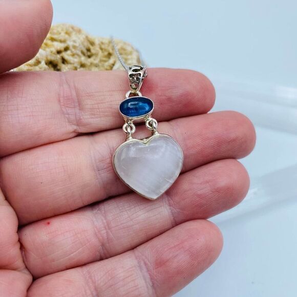 Selenite Divine Light & Kyanite Heart Sterling Silver Pendant Necklace - Picture 3 of 9